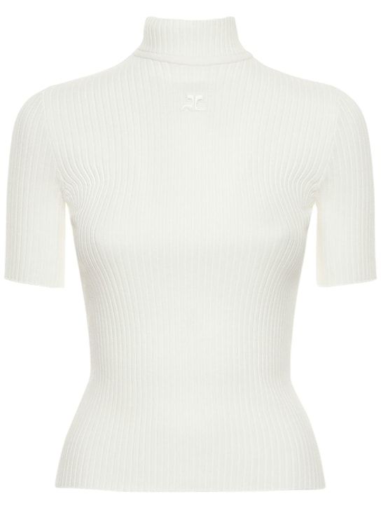 Courreges: Knit viscose blend logo top - Beyaz - women_0 | Luisa Via Roma
