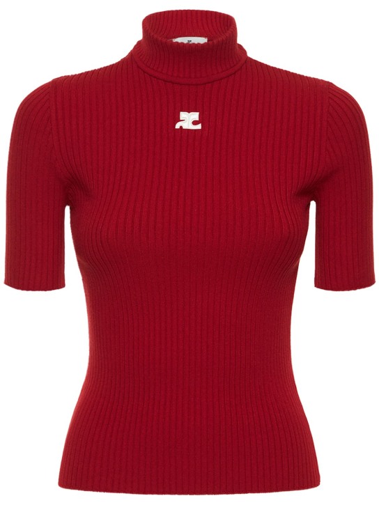 Courreges: 针织粘胶纤维混纺logo上衣 - 红色 - women_0 | Luisa Via Roma