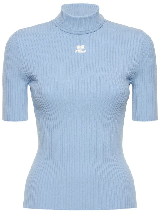Courreges: Knit viscose blend logo top - Açık Mavi - women_0 | Luisa Via Roma