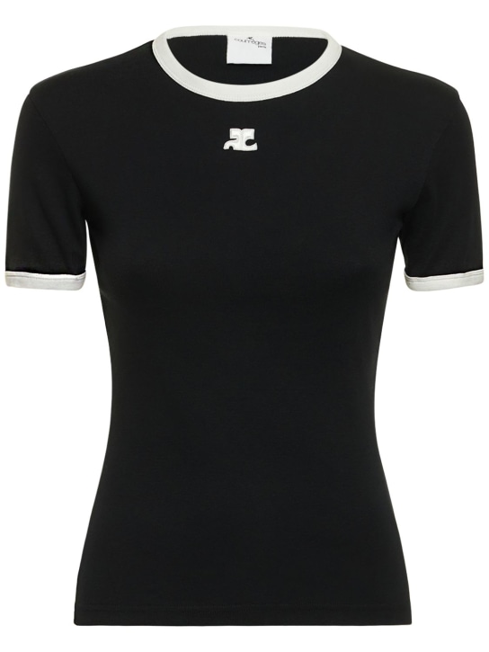 Courreges: T-shirt en coton à logo contrastant - Noir/Blanc - women_0 | Luisa Via Roma