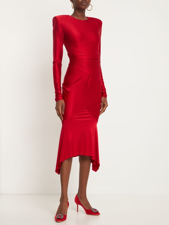 Alexandre Vauthier: Open back shiny jersey midi dress - Red - women_1 | Luisa Via Roma