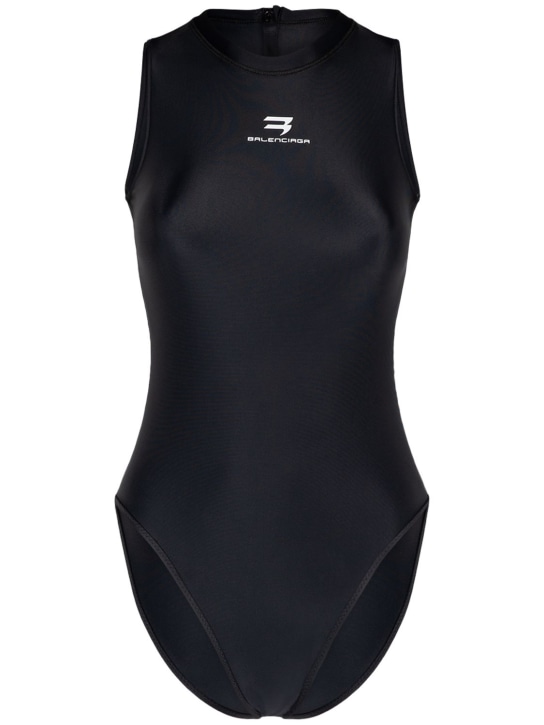 Balenciaga: Racing print spandex one piece swimsuit - Siyah/Beyaz - women_0 | Luisa Via Roma