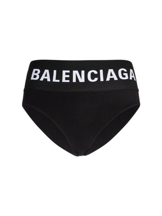 Balenciaga: Logo棉质平纹针织内裤 - 黑色 - women_0 | Luisa Via Roma