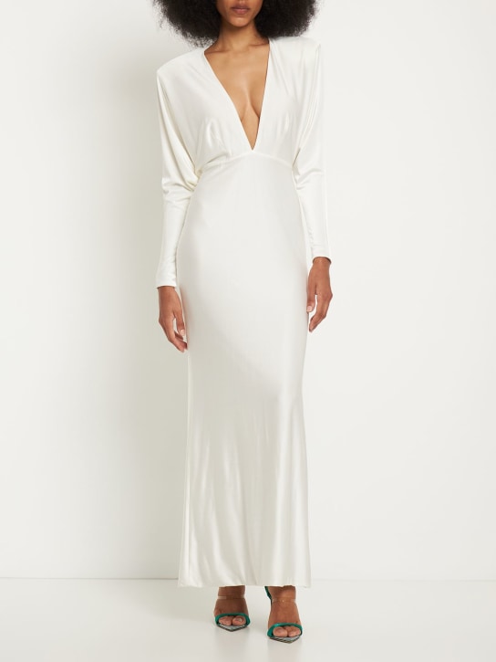 Alexandre Vauthier: V-neck shiny jersey long dress - White - women_1 | Luisa Via Roma