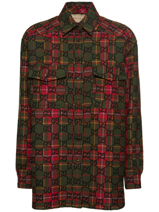 Gucci: Camisa de lana tartán - Verde/Rojo - women_0 | Luisa Via Roma