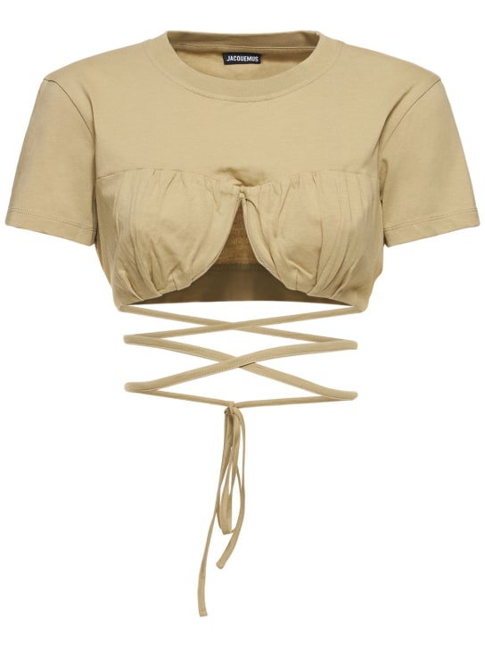 Jacquemus: Le Tshirt Baci 코튼 셀프 타이 크롭 탑 - 베이지 - women_0 | Luisa Via Roma