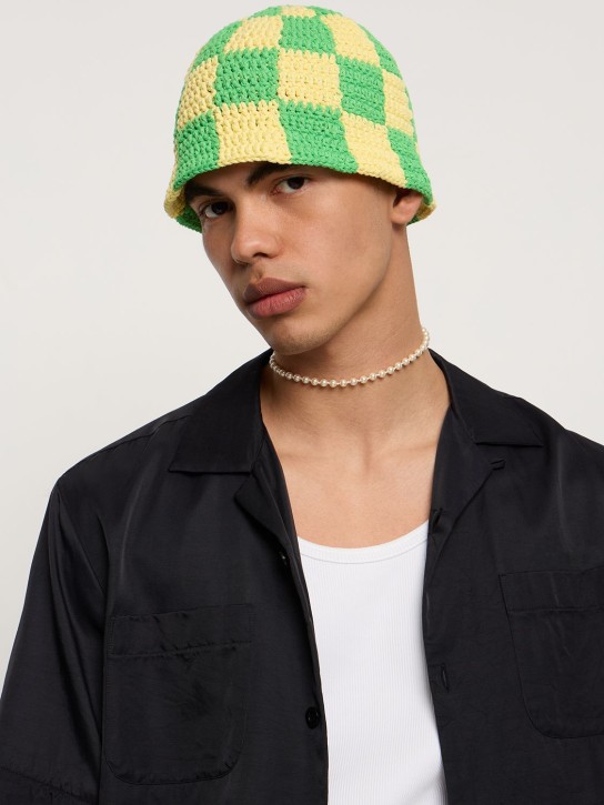 FLÂNEUR: Cotton intarsia hand knitted cap - Green/Yellow - men_1 | Luisa Via Roma