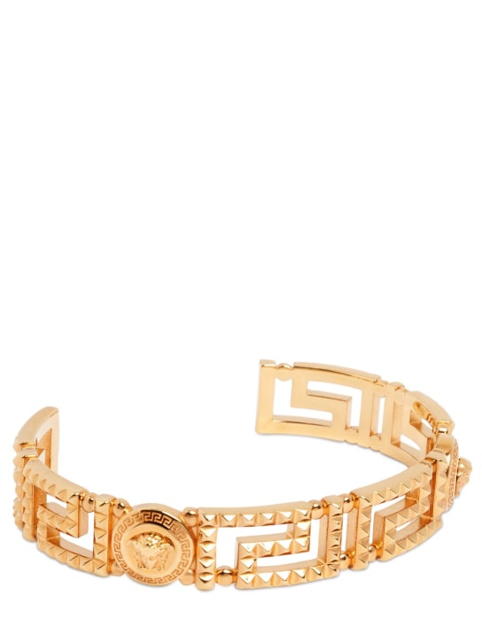 Versace: Studded Greek motif cuff bracelet - Gold - men_1 | Luisa Via Roma