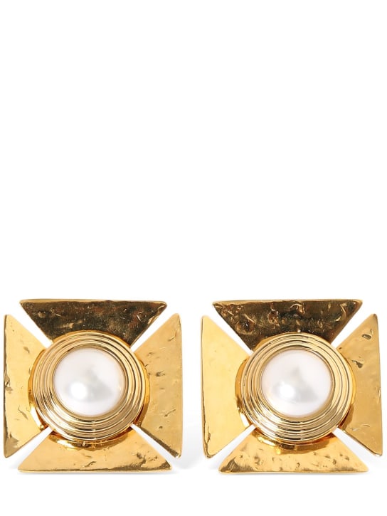 Saint Laurent: Square cross earrings - Gold/Cream - women_0 | Luisa Via Roma