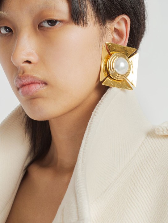 Saint Laurent: Square cross earrings - Gold/Cream - women_1 | Luisa Via Roma