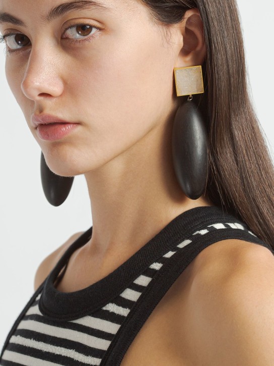 Saint Laurent: Oval wood & brass earrings - Gold/White - women_1 | Luisa Via Roma