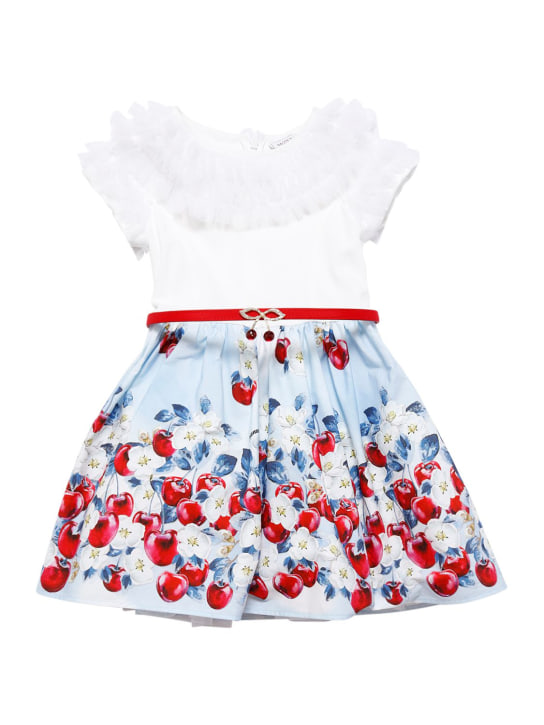 Monnalisa: 저지 & 체리 프린트 포플린 드레스 - White/Light Blue - kids-girls_0 | Luisa Via Roma
