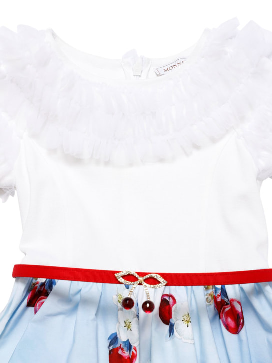Monnalisa: 저지 & 체리 프린트 포플린 드레스 - White/Light Blue - kids-girls_1 | Luisa Via Roma