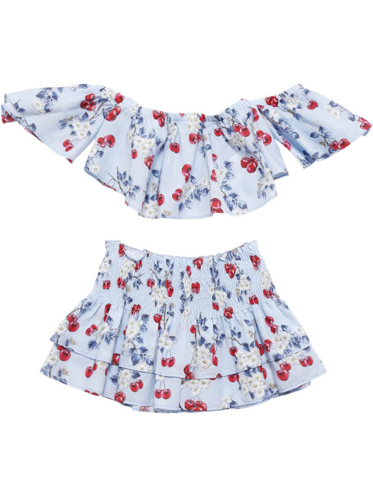 Monnalisa: Oberteil und Rock aus Musselin mit Kirschmuster - Hellblau - kids-girls_0 | Luisa Via Roma