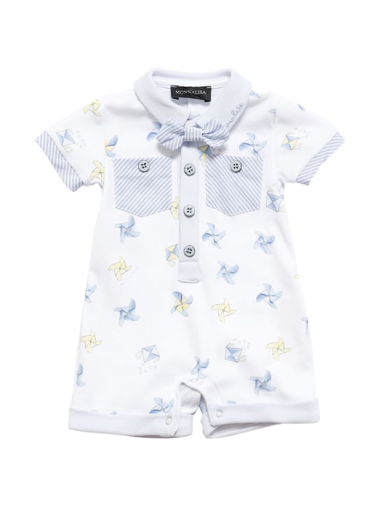 Monnalisa: Printed cotton interlock romper - White/Light Blue - kids-boys_0 | Luisa Via Roma