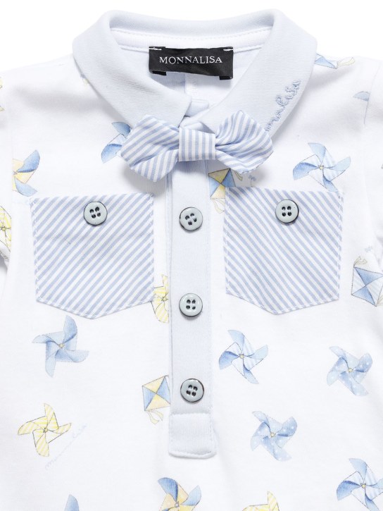 Monnalisa: Printed cotton interlock romper - White/Light Blue - kids-boys_1 | Luisa Via Roma