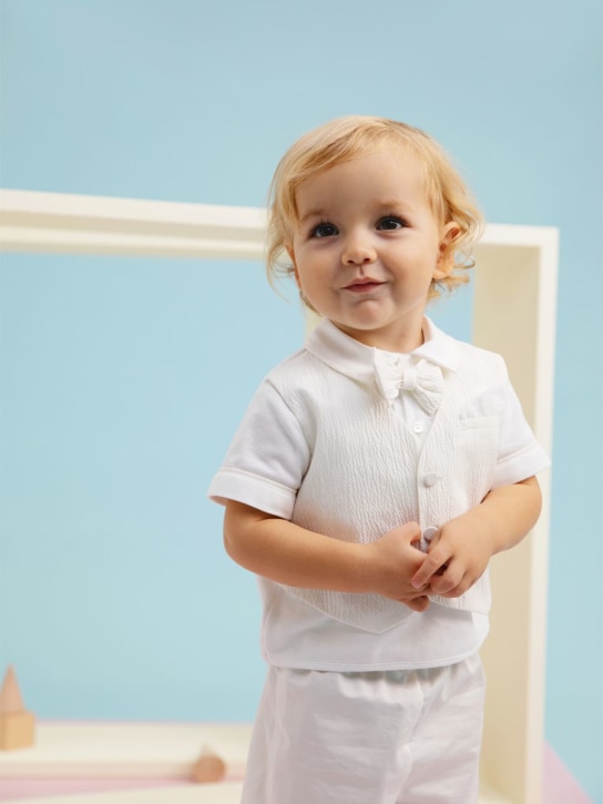Monnalisa: T-shirt in cotone e shorts in raso - Off White - kids-boys_1 | Luisa Via Roma