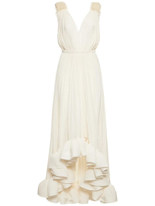 Lanvin: Vestido drapeado con correas decoradas - Blanco - women_0 | Luisa Via Roma