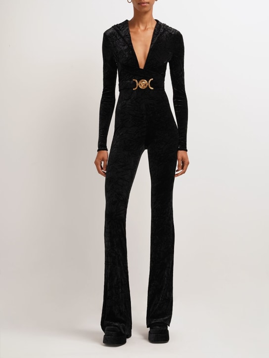 Versace: Hooded stretch velour jumpsuit - Black - women_1 | Luisa Via Roma