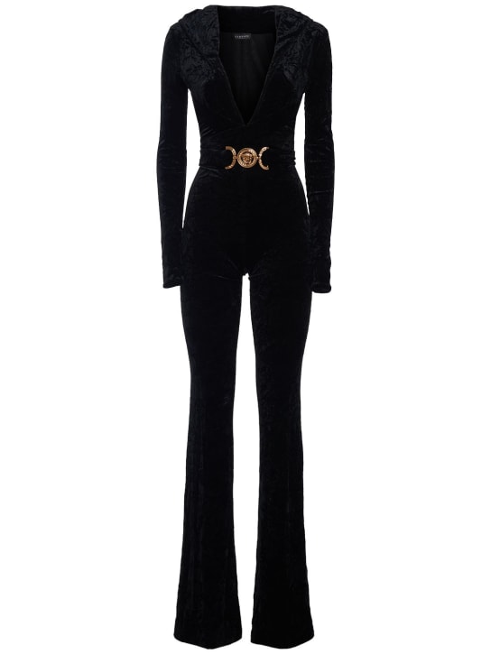 Versace: Combinaison en velours stretch à capuche - Noir - women_0 | Luisa Via Roma