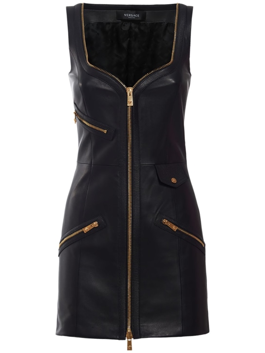 Versace: Zipped leather mini dress - women_0 | Luisa Via Roma
