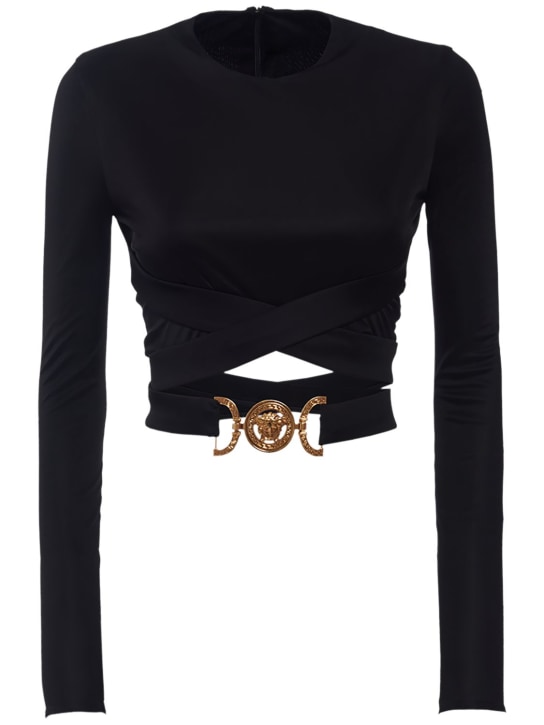 Versace: Viscos jersey crossed belt logo crop top - Black - women_0 | Luisa Via Roma