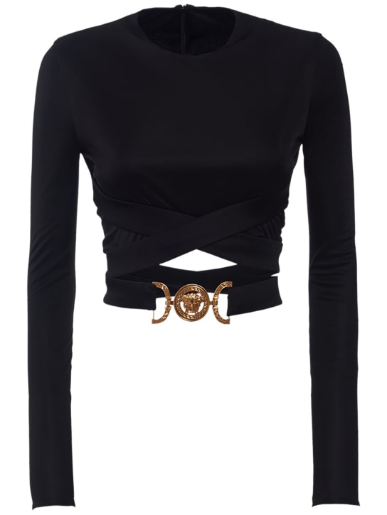 Versace: Viscos jersey crossed belt logo crop top - women_0 | Luisa Via Roma