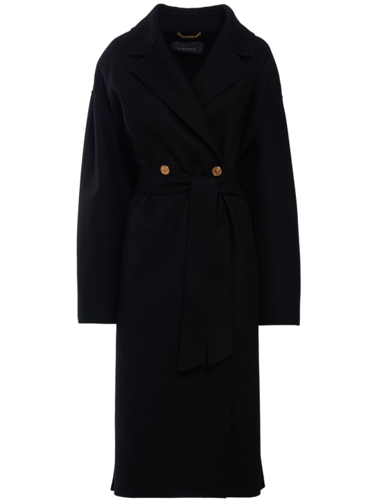 Versace: Manteau midi en laine doublée avec ceinture - Noir - women_0 | Luisa Via Roma