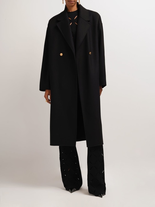 Versace: Manteau midi en laine doublée avec ceinture - Noir - women_1 | Luisa Via Roma