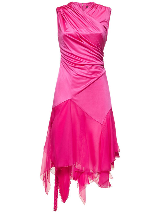 Versace: Draped jersey & silk chiffon midi dress - Fuchsia - women_0 | Luisa Via Roma
