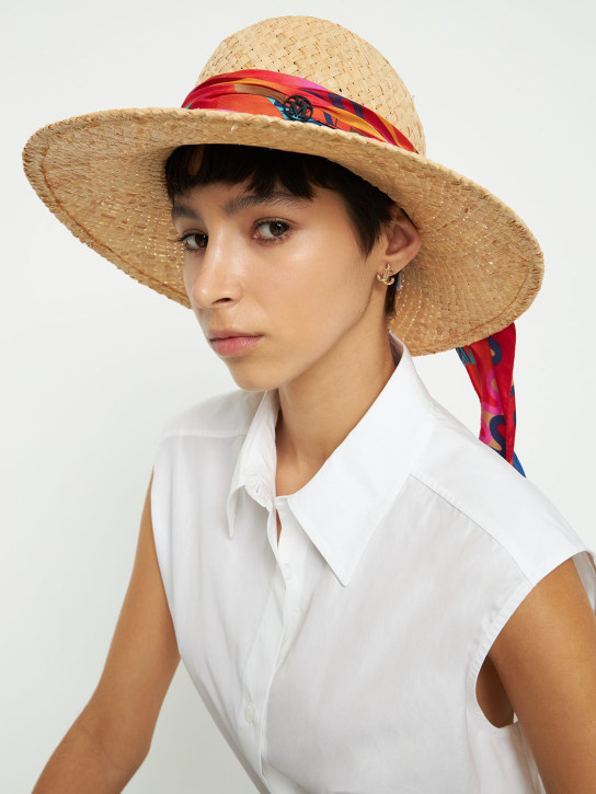 Maison Michel: Kate raffia hat w/ silk scarf - Natural - women_1 | Luisa Via Roma