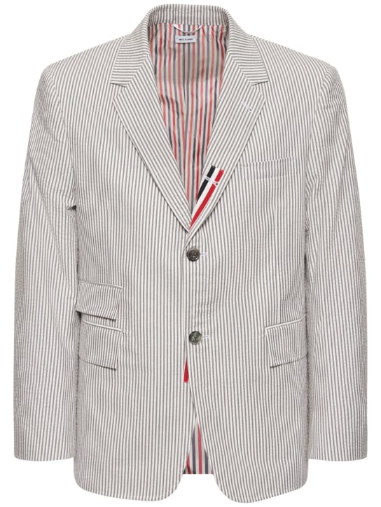 Thom Browne: Cotton seersucker blazer w/stripe - men_0 | Luisa Via Roma