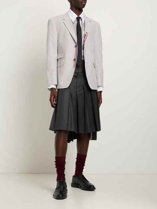 Thom Browne: Cotton seersucker blazer w/stripe - men_1 | Luisa Via Roma