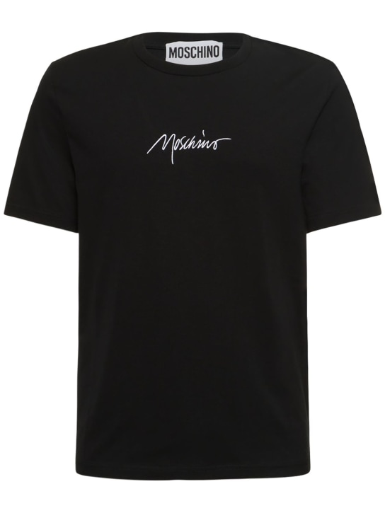 Moschino: Logo embroidery cotton jersey t-shirt - men_0 | Luisa Via Roma