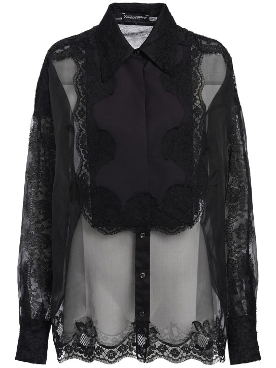 Dolce&Gabbana: Camisa de seda con organza y encaje - Negro - women_0 | Luisa Via Roma