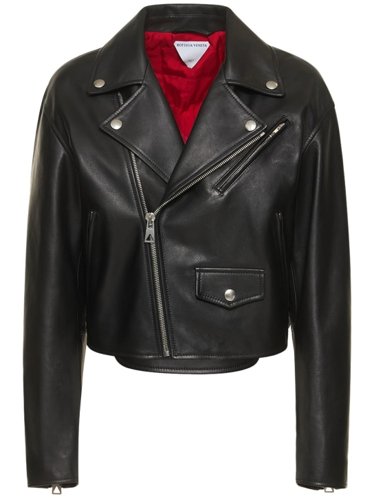 Bottega Veneta: Leather biker jacket - Siyah - women_0 | Luisa Via Roma
