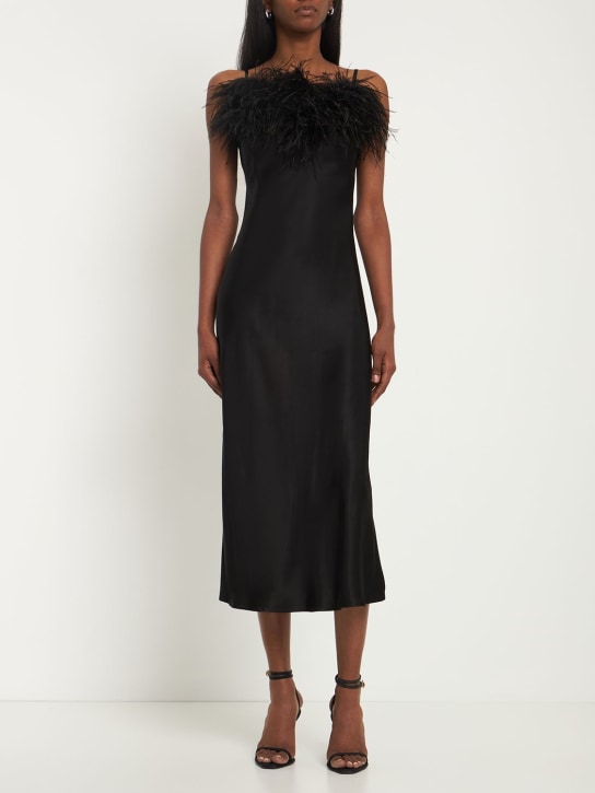 Sleeper: Boheme slip midi dress w/ feathers - Black - women_1 | Luisa Via Roma