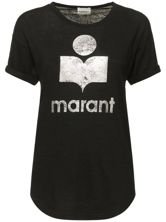 Marant Etoile: T-shirt en lin imprimé logo Koldi - Noir - women_0 | Luisa Via Roma