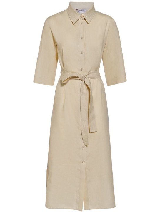 Max Mara: Prugna linen canvas midi shirt dress - women_0 | Luisa Via Roma