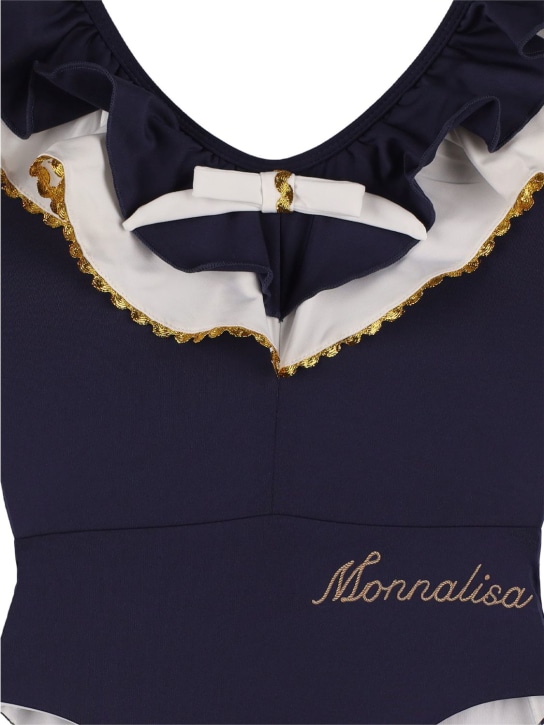 Monnalisa: Logo褶饰科技织物连体泳衣 - 海军蓝 - kids-girls_1 | Luisa Via Roma