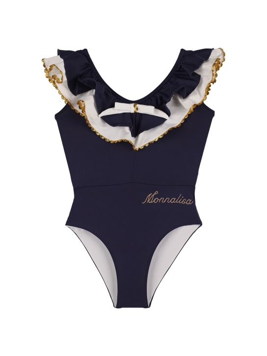Monnalisa: Logo褶饰科技织物连体泳衣 - 海军蓝 - kids-girls_0 | Luisa Via Roma