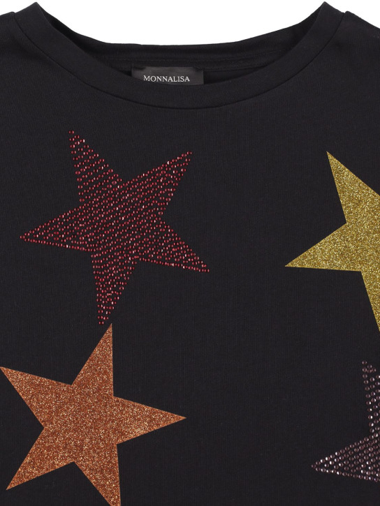 Monnalisa: 亮粉星星棉质平纹针织T恤 - 黑色/多色 - kids-girls_1 | Luisa Via Roma