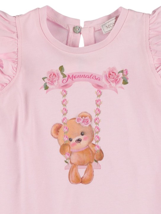 Monnalisa: T-shirt in jersey di cotone stampato con ruches - Rosa - kids-girls_1 | Luisa Via Roma