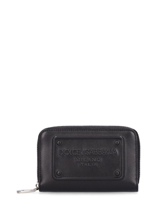 Dolce&Gabbana: Logo embossed leather zip wallet - Siyah - men_0 | Luisa Via Roma
