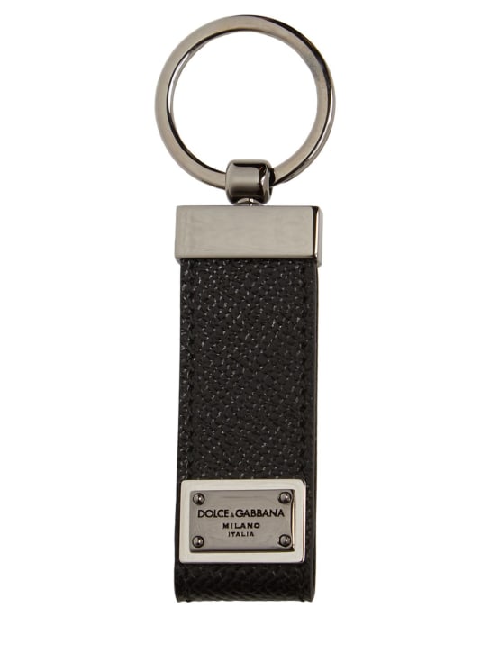 Dolce&Gabbana: Logo plaque leather key ring - Siyah - men_0 | Luisa Via Roma