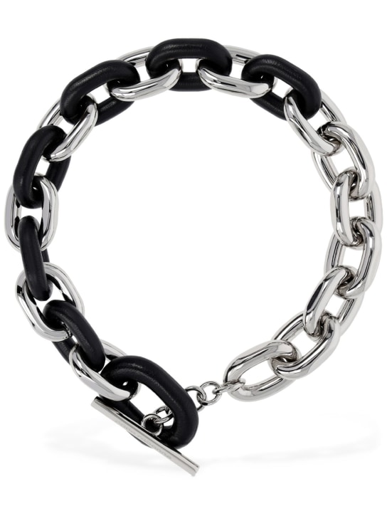 Rabanne: XL Link leather collar necklace - Gümüş/Siyah - women_0 | Luisa Via Roma