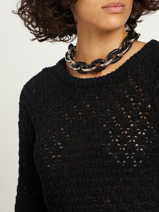 Rabanne: XL Link leather collar necklace - Gümüş/Siyah - women_1 | Luisa Via Roma