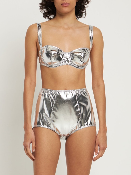 Dolce&Gabbana: Shorts de jersey laminado cintura alta - Plata - women_1 | Luisa Via Roma