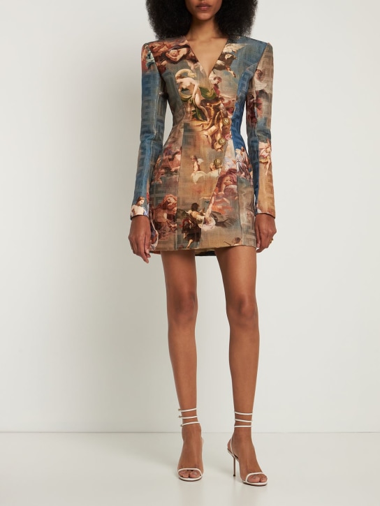 Balmain: Vestido corto de lona con estampado - Multicolor - women_1 | Luisa Via Roma