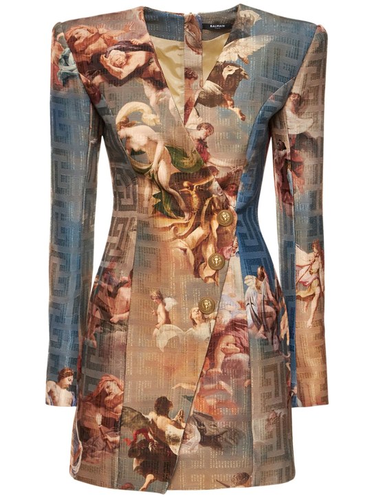 Balmain: Vestido corto de lona con estampado - Multicolor - women_0 | Luisa Via Roma